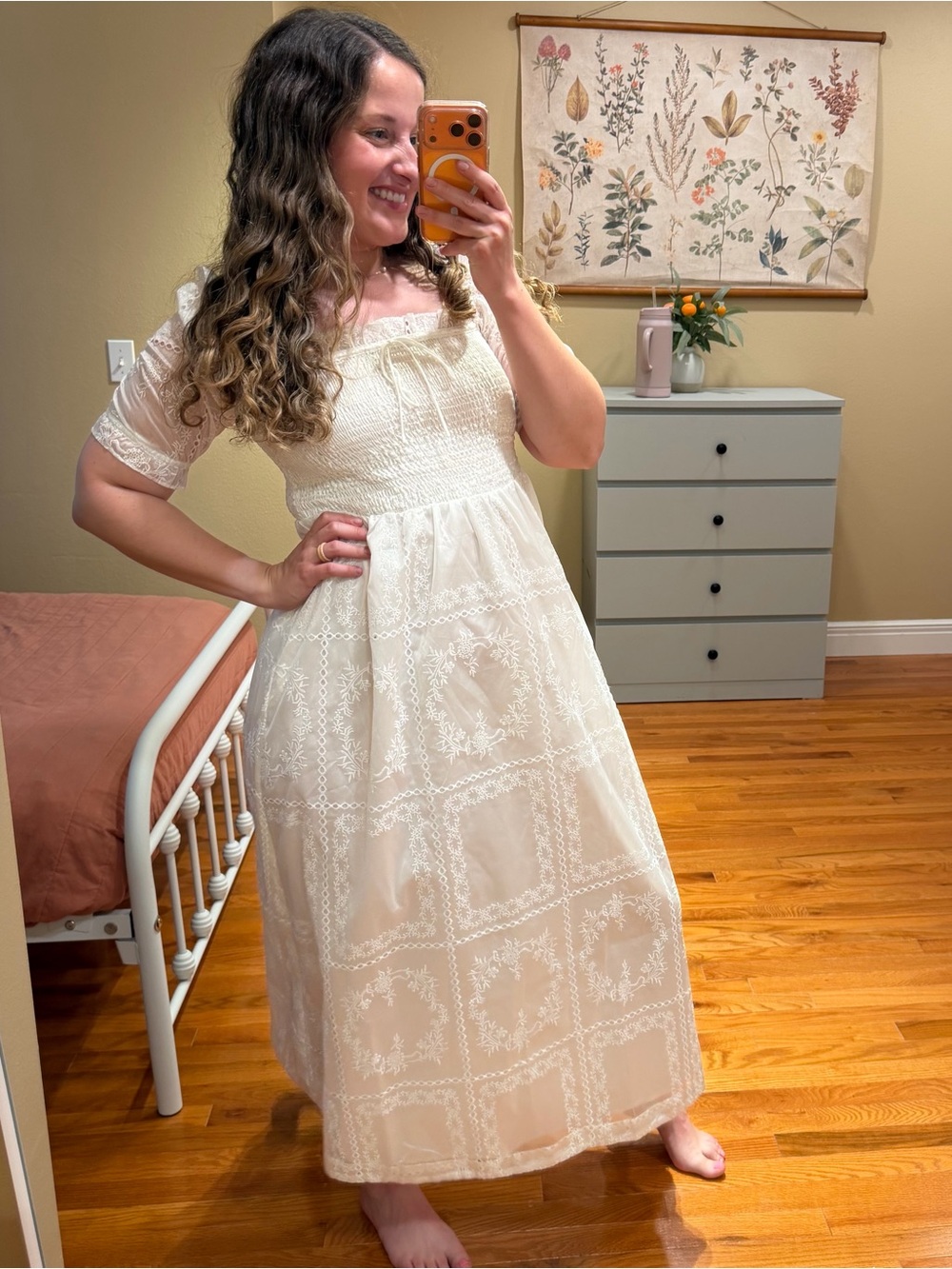 NWT Caroline Constas White Lace Maxi Dress Floral with Smocked Bodice Small - Picture 3 of 15
